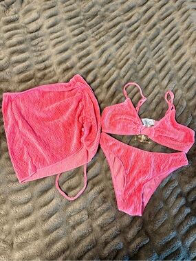 Pink Ribbed Bikini Set with Sarong — Women’s Swimwear